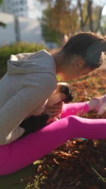 Sonbaharda güneşli bir gün, çarpıcı genç bir bayan köpeğiyle biraz oyun oynuyor. Yüksek kalite 4k görüntü