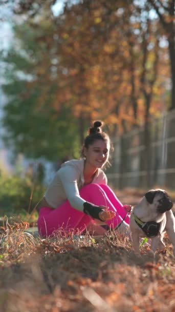 Una Animada Jovencita Divierte Con Pug Mientras Pasea Por Parque — Vídeos de Stock