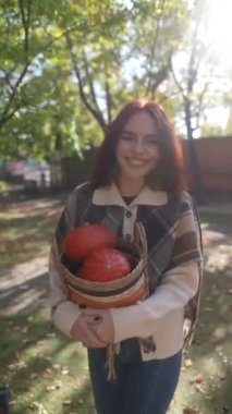 Gülümseyen, güzel bir genç kız bir sonbahar gününde sepetinde balkabakları taşıyor. Yüksek kalite 4k görüntü