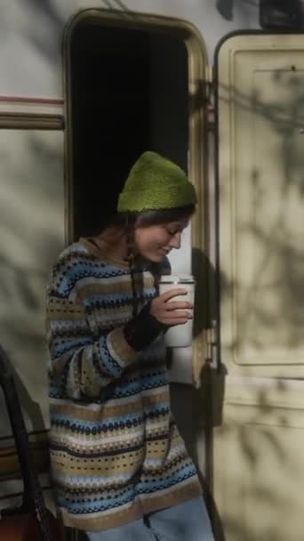 Amidst Splendid Autumn Conditions Hipster Girl Seen Seated Trailer Taking — Stock Video