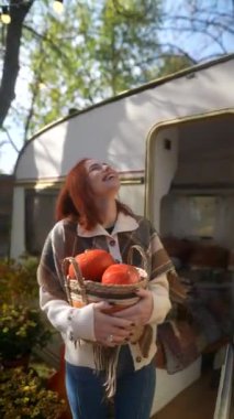 Cazibesini saçan genç bir bayan sonbahar bahçesinde bir sepet balkabağı tutuyor. Yüksek kalite 4k görüntü