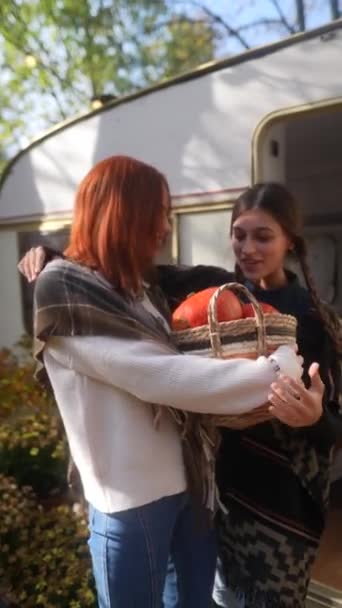 Embracing Autumn Atmosphere Redhead Girl Her Youth Seen Basket Pumpkins — Stock Video