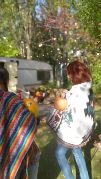 Güzel Genç Bayan Hippi Kıyafetleri Içinde Sonbahar Bahçesinde Balkabakları Var — Stok video