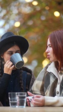 Şehir müessesesinin terasında, sonbahar giysileri içinde iki arkadaş öğle yemeği yer. Yüksek kalite 4k görüntü