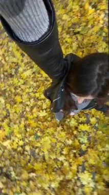Güz parkında gezinirken havadan çekim yapan şık bir kadın blog yazarı. Yüksek kalite 4k görüntü