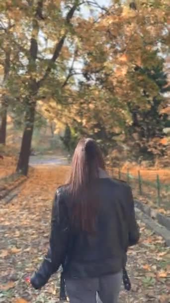 Procházka Podzimním Parkem Pořizování Záběrů Zpoza Mladé Ženy Vysoce Kvalitní — Stock video