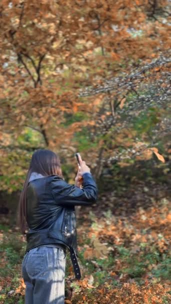 Filmación Desde Perspectiva Detrás Joven Durante Una Excursión Parque Otoño — Vídeo de stock