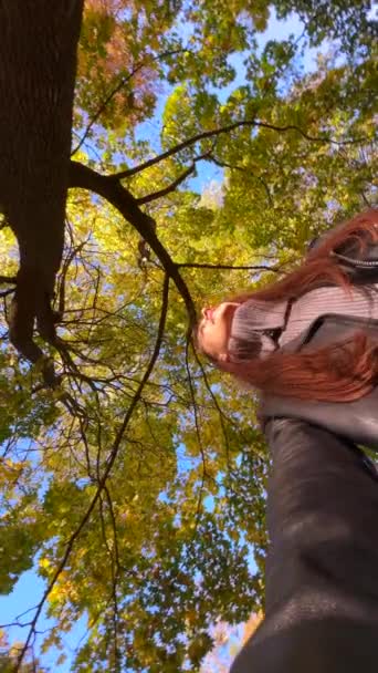 Vlogger Consciente Moda Atirando Cima Enquanto Desfruta Passeio Parque Outonal — Vídeo de Stock