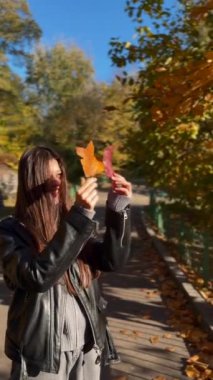 Sonbahar parkının güzelliğinin tadını çıkarıyor, ağaçtan bir yaprak tutuyor. Yüksek kalite 4k görüntü