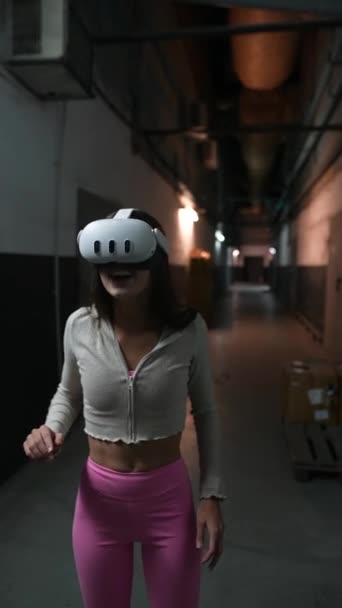 Captivating Young Lady Using Virtual Reality Headset Dim Location High — Stock Video