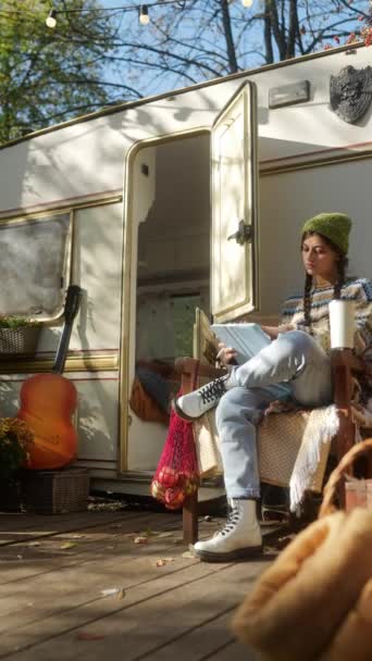 Lovely Hippie Girl Sketching Tablet While Seated Front Trailer Autumn — Stock Video