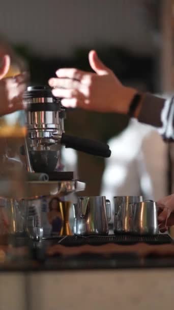 Barista Brews Coffee Using Professional Coffee Machine High Quality Footage — Stock Video