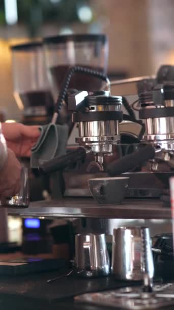 Using Professional Coffee Machine Barista Brews Delicious Coffee High Quality — Stock Video