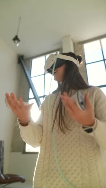 Virtual Reality Headset Young Woman Engages Online Virtual Game High — Stock Video
