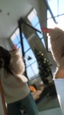 Noel geyiği maskesi takmış çekici bir genç kız aynanın önünde dans ediyor. Yüksek kalite 4k görüntü