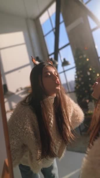 Christmas Reindeer Mask Being Modeled Beautiful Young Woman Front Her — Stock Video