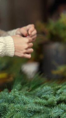 El sanatları becerilerini sergileyen genç ve güzel bir bayan, evde Noel çelengi yapma konusunda içgörü sunuyor. Yüksek kalite 4k görüntü