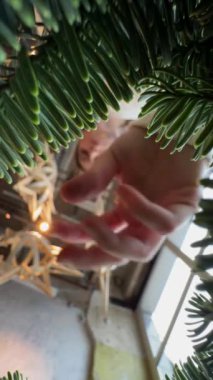 Köknar ağacı dalları arasında Noel çelengi yaratmanın şenlikli havasını hissedebilirsiniz. Yüksek kalite 4k görüntü
