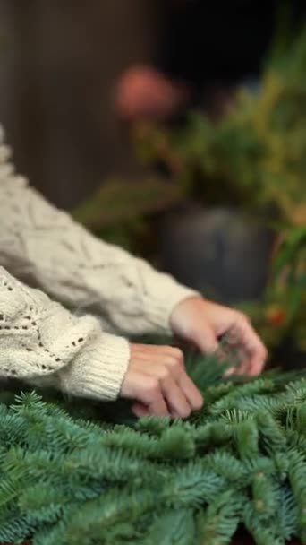 Sevimli Genç Bir Bayan Evinizde Noel Çelengi Yapma Talimatlarını Paylaşıyor — Stok video