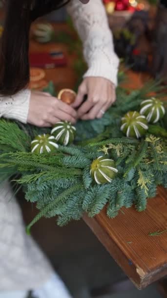 Lovely Young Woman Making Festive Wreath Christmas Crafting Masterclass High — Stock Video