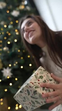 Noel ağacının yanındaki hediyeleri açıyorlar, güzel bir çift, bir erkek ve bir kızdan oluşuyor, köpekleriyle birlikte. Yüksek kalite 4k görüntü