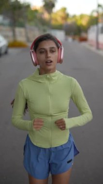 Spor kıyafetleri içinde genç bir kadın sokaklarda koşuyor. Aktif yaşam tarzını vurgulamak için çeşitli çerçevelerde gösteriliyor.