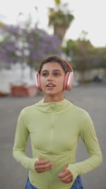 Kentsel bir bölgede, genç bir kadın kulaklıklarla koşuyor, aktif bir yaşam tarzı ve fitness hedeflerine olan bağlılığını gösteriyor