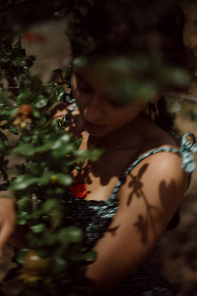 Young Woman Stands Surrounded Lush Green Foliage Basking Sunlight Embracing Royalty Free Stock Photos