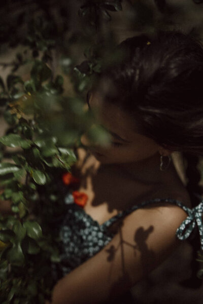 Artistic Portrayal Serene Woman Surrounded Greenery Capturing Her Natural Beauty Stock Image