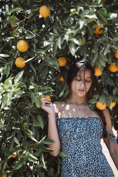 Young Woman Blue Dress Stands Orange Tree Emanating Natural Vibes Royalty Free Stock Images