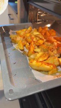 Fırından yeni çıkmış çıtır çıtır, altın patatesler. Mükemmel meze ya da atıştırmalık. Bitki çeşnili mükemmellik.