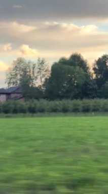 Sakin kırsal kesimde yeşil alanlar ve parçalı bulutlu gökyüzünün altında uzun ağaçlar var. Huzurlu bir manzara yaratıyor.