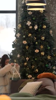 Güzel dekore edilmiş bir Noel ağacının ve bayrama hazırlanan bir kızın yer aldığı ılık bir kış ortamı..