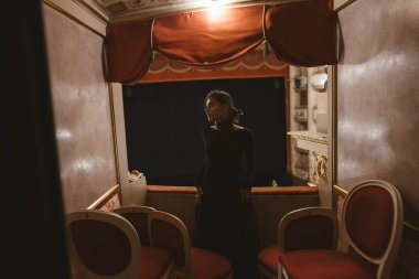 Zarif bir süsleme alanında, dengeli bir kadın duruyor, hem zarafet hem de derin bir gizem havası yayıyor.