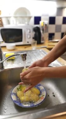 Bir insan mutfak lavabosunda çeşitli meyveleri iyice yıkıyor ve sağlıklı hazırlık uygulamalarını vurguluyor.