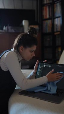 Bir kadın dizüstü bilgisayarını sıcak, rahat ve ilham dolu bir ev ortamında kumaşla temizliyor.