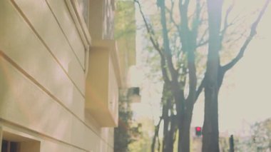 Canlı ağaçlar ve konut mimarisi olan güneşli bir caddeyi görüntüleyen pitoresk bir şehir manzarası.