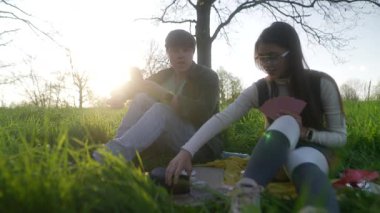 Bir çift mutlu bir şekilde açık havada pikniğin tadını çıkarıyor, gökyüzünün altındaki güneşli yeşil bir alanda kağıt oynuyorlar.