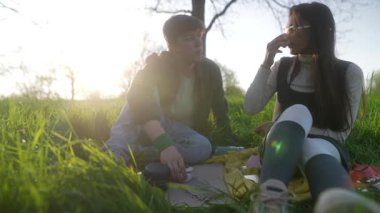 Bereketli yeşilliğin ortasında yakın arkadaşlarla son derece sakin bir piknik. Hepsi de güzel gün batımının tadını çıkarıyor.