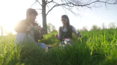 Güzel bir çift çimenli bir tarlanın ortasında güneşli bir piknikten zevk alır. Kamerayla özel anıları neşeyle yakalar.