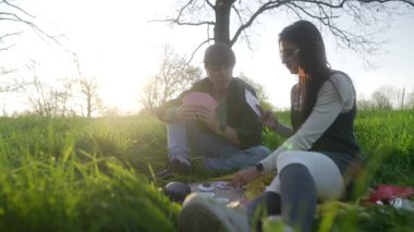 Genç bir çift, güzel bir gün batımında huzurlu bir doğal ortamda birlikte güzel bir pikniğin tadını çıkarır.