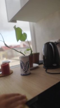 Bir kadın mutfak tezgahındaki güzel bir bitkiye sevgiyle değer verir ve yaşam alanını genişletir.