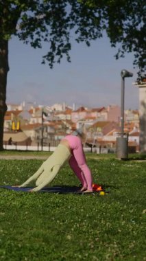 Canlı bir yoga seansı, doğayla çevrili güzel bir doğa ortamında esneklik ve güç gösteriyor.