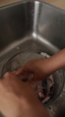 İki el titiz bir şekilde temiz bir kasede taze balık yıkıyor. Temizlik amacıyla mutfak lavabosunun içine yerleştiriliyor.