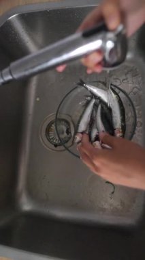 Mutfak lavabosunda, bir insan çeşitli yemek hazırlama tekniklerini gösterirken taze balığı duruluyor.