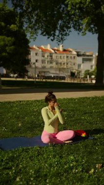 Parlak ve güneşli bir parkta yoga yapan bir kadın, rahatlama, farkındalık ve genel refahı teşvik eder.