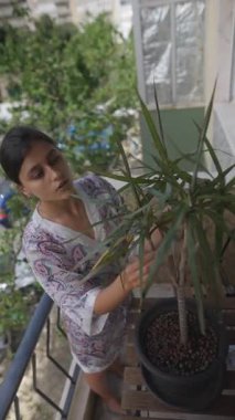 Bir kadın sevgi dolu bir şekilde kapalı bir balkondaki bitki örtüsüyle ilgilenir. Bu da huzurlu ve huzurlu bir yaşam alanı yaratmaya yardımcı olur.