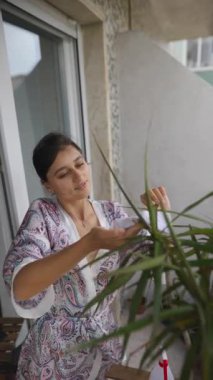 Bir kadın, güneşli, davetkar ve huzurlu bir balkonda güzel ve canlı iç bitkileriyle sevgiyle ilgilenir.