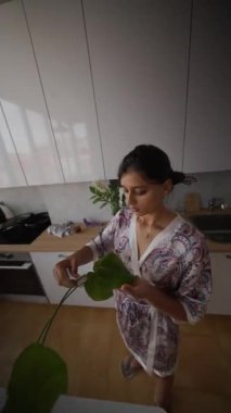 Bir kadın kapalı alandaki bitkileriyle ilgilenir, modern mutfak estetiğini ön plana çıkarır ve güzel bir ev için etkin bitki bakımı yapar.