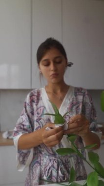 Bir kadın ev içi bitki koleksiyonunu besliyor, doğa ve bahçe işlerine olan sevgisini gösteriyor.